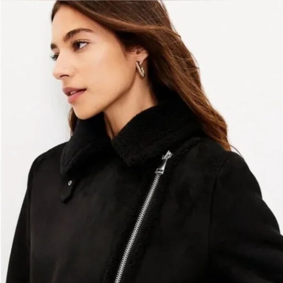 AnneTaylor LOFT Suede Sherpa Aviator Jacket, Black - Picture 2 of 4